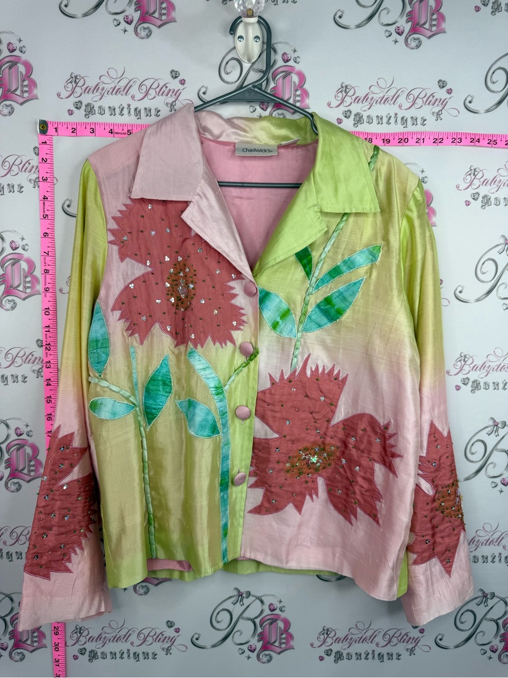 Chadwicks 100% silk blazer patchwork Pastel Green and Pink Floral Silk Blazer